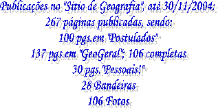No "S�tio de Geografia" at� agora temos:
40 p�ginas publicadas, sendo:
14 p�ginas em "Postulados"
20 p�ginas em "GeoGeral"
8 p�ginas pessoais!!