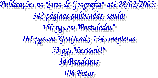 No "S�tio de Geografia" at� agora temos:
40 p�ginas publicadas, sendo:
14 p�ginas em "Postulados"
20 p�ginas em "GeoGeral"
8 p�ginas pessoais!!
