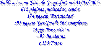 No "S�tio de Geografia" at� agora temos:
40 p�ginas publicadas, sendo:
14 p�ginas em "Postulados"
20 p�ginas em "GeoGeral"
8 p�ginas pessoais!!